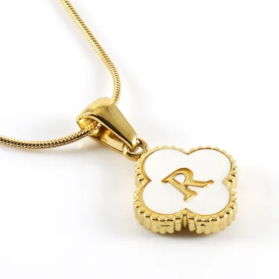 Women Stainless Steel Clover Shell Letter Alphabet Pendant Gold Titanium Steel Snake Chain Necklace