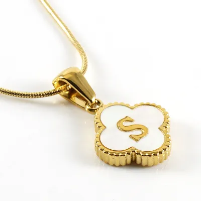 Women Stainless Steel Clover Shell Letter Alphabet Pendant Gold Titanium Steel Snake Chain Necklace