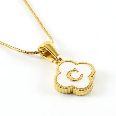 Women Stainless Steel Clover Shell Letter Alphabet Pendant Gold Titanium Steel Snake Chain Necklace