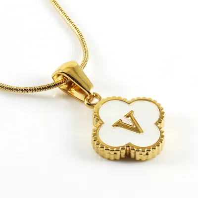 Women Stainless Steel Clover Shell Letter Alphabet Pendant Gold Titanium Steel Snake Chain Necklace