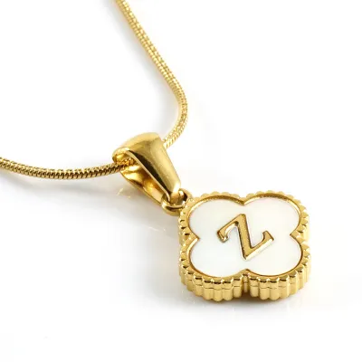 Women Stainless Steel Clover Shell Letter Alphabet Pendant Gold Titanium Steel Snake Chain Necklace