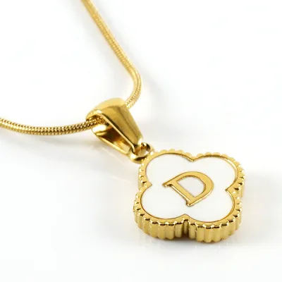 Women Stainless Steel Clover Shell Letter Alphabet Pendant Gold Titanium Steel Snake Chain Necklace