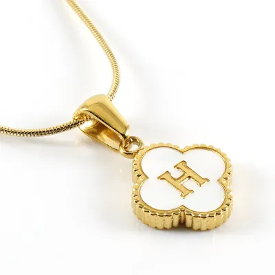 Women Stainless Steel Clover Shell Letter Alphabet Pendant Gold Titanium Steel Snake Chain Necklace