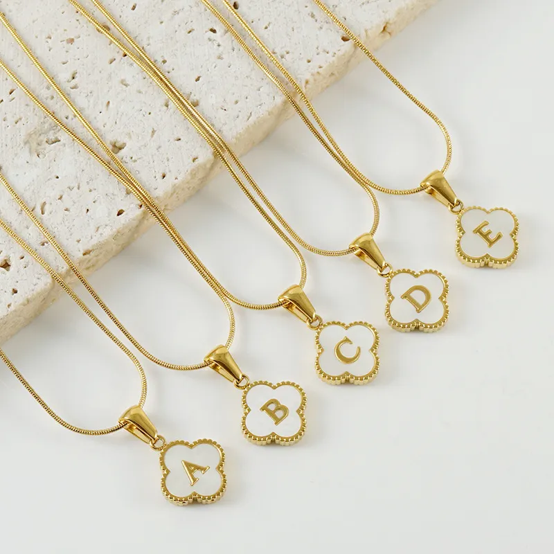 Women Stainless Steel Clover Shell Letter Alphabet Pendant Gold Titanium Steel Snake Chain Necklace