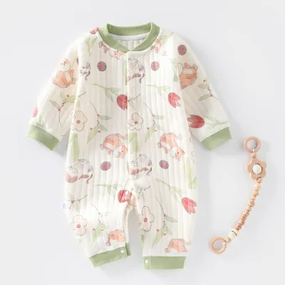 Kids Baby Boys Girls Casual Cute Caron Bear Print Long Sleeve Round Neck Cotton Bodysuit Thickening