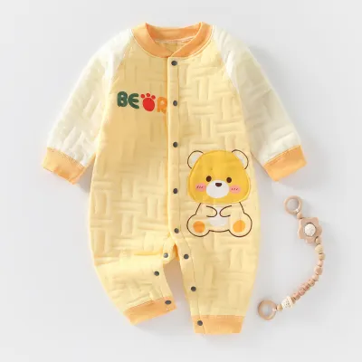 Kids Baby Boys Girls Casual Cute Caron Bear Print Long Sleeve Round Neck Cotton Bodysuit Thickening