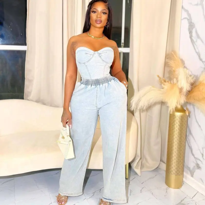 Summer Women Fashion Strapless Denim Top Wide Leg Pants Two-Piece Set