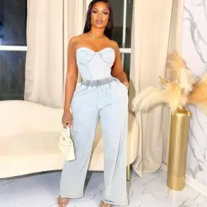 Summer Women Fashion Strapless Denim Top Wide Leg Pants Two-Piece Set