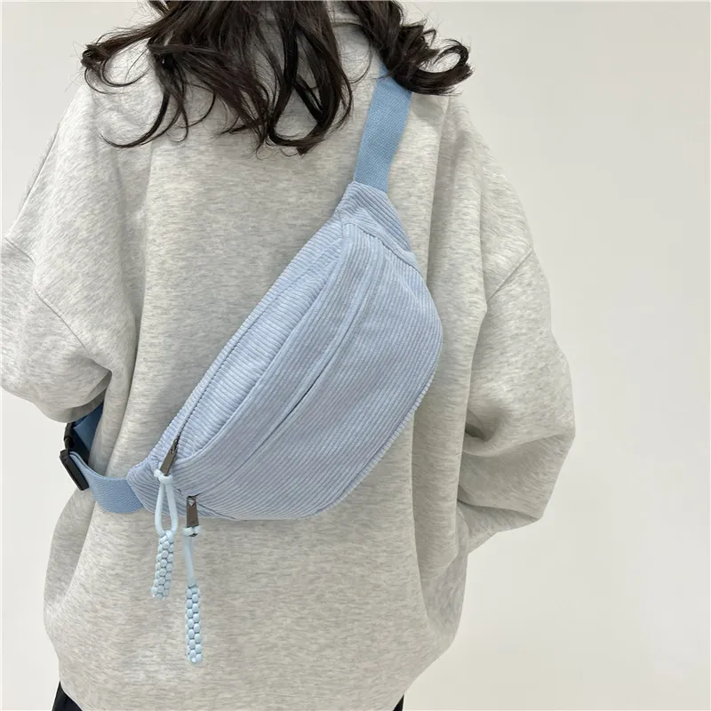 Women Simple Corduroy Solid Color Large Capacity Zipper Chest Bag
