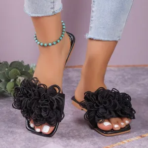 Women Summer Solid Color Floral Square Toe Plus Size Flat Slippers