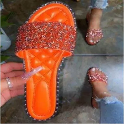 Women Fashionable Plus Size Rhinestone Round Toe Flat Slippers