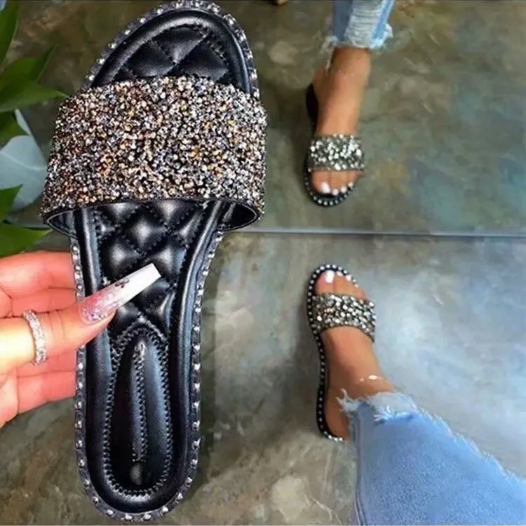 Women Fashionable Plus Size Rhinestone Round Toe Flat Slippers