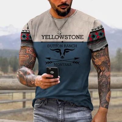Men Fashion Casual Ethnic Style Colorblock Letter 3D Print Plus Size Short Sleeve Round Neck T-Shirt