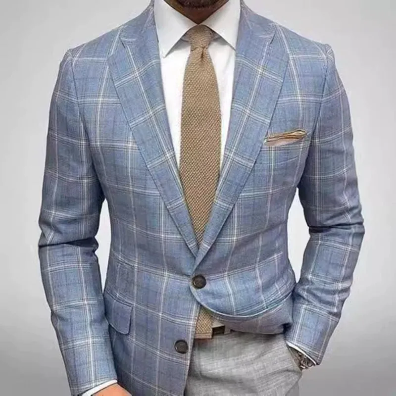 Men's Fashion Casual Party Plaid Print Long Sleeve Lapel Slim Suit