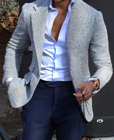 Men's Fashion Casual Party Plaid Print Long Sleeve Lapel Slim Suit