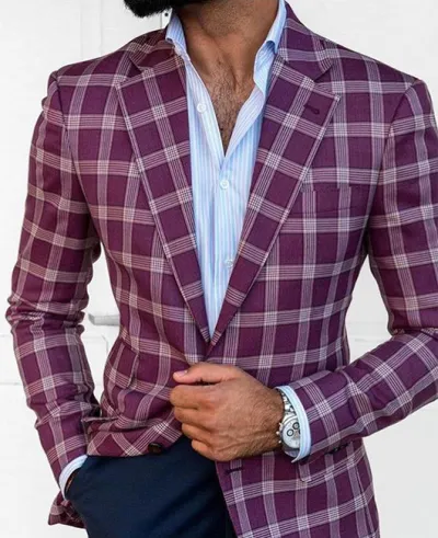 Men's Fashion Casual Party Plaid Print Long Sleeve Lapel Slim Suit