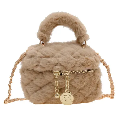 Kids Girls Autumn Winter Fashion Casual Plush Quilted Solid Color Crossbody Bag