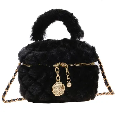 Kids Girls Autumn Winter Fashion Casual Plush Quilted Solid Color Crossbody Bag