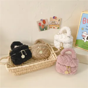 Kids Girls Autumn Winter Fashion Casual Plush Quilted Solid Color Crossbody Bag