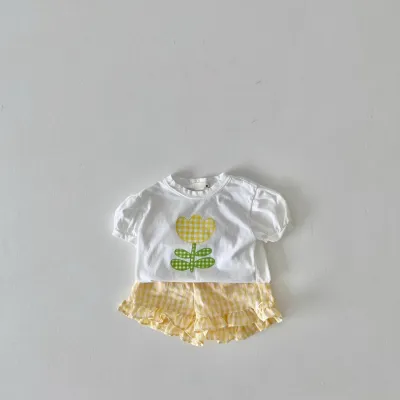 Kids Toddler Girls Cute Floral Print Short Sleeve Round Neck T-Shirt and Plaid Shorts Set Casual Summer Outfit