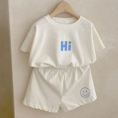 Kids Baby Boys Girls Casual Cute Letter Smiley Print Short Sleeve Round Neck Cotton T-Shirt and Shorts Set