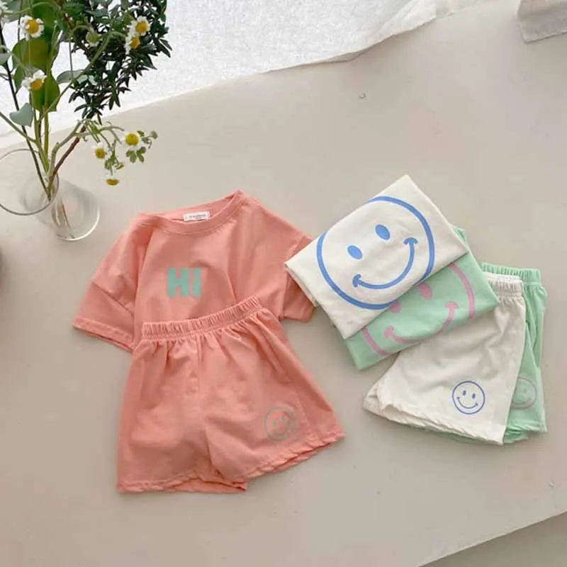 Kids Baby Boys Girls Casual Cute Letter Smiley Print Short Sleeve Round Neck Cotton T-Shirt and Shorts Set