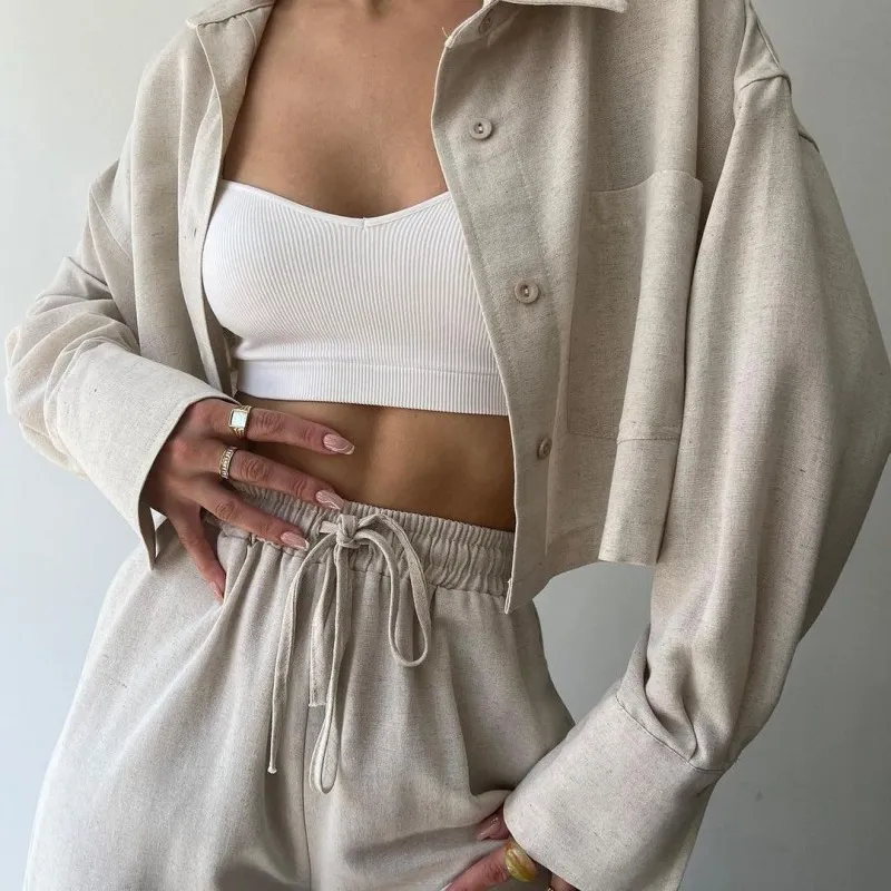 Women Solid Color Long Sleeve Shirt Drawstring Pants Set Commuter Wind