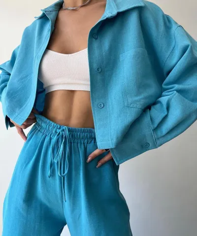 Women Solid Color Long Sleeve Shirt Drawstring Pants Set Commuter Wind