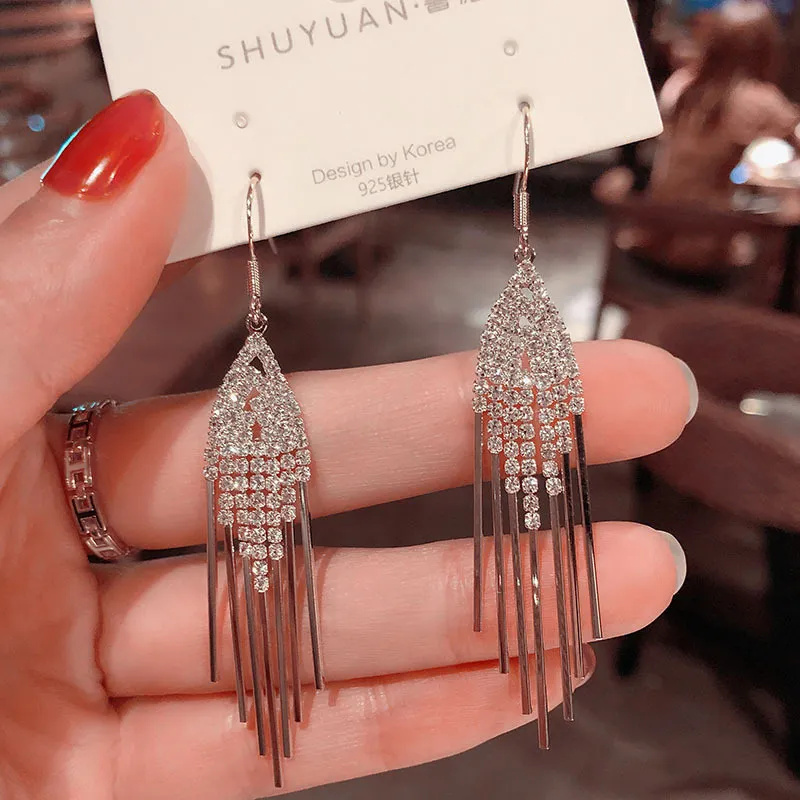 Fashion Temperament Geometric Rhinestone Tassel Earrings