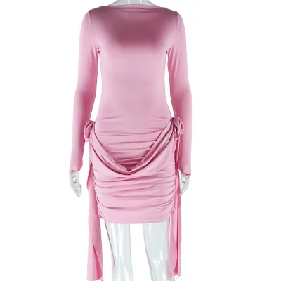 Women Fashion Solid Color Long Sleeve Lace-Up Bodycon Dress