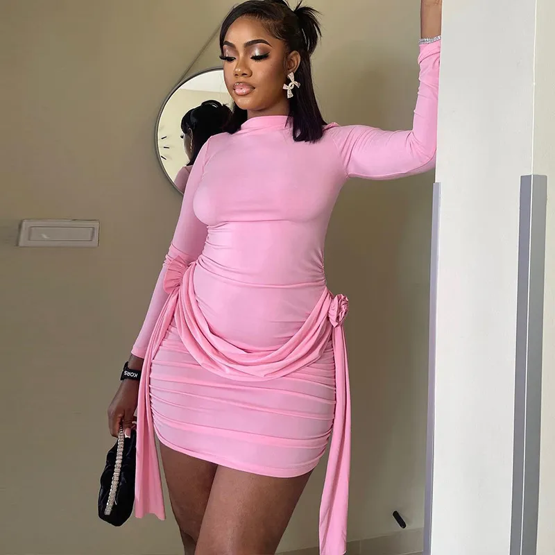 Women Fashion Solid Color Long Sleeve Lace-Up Bodycon Dress