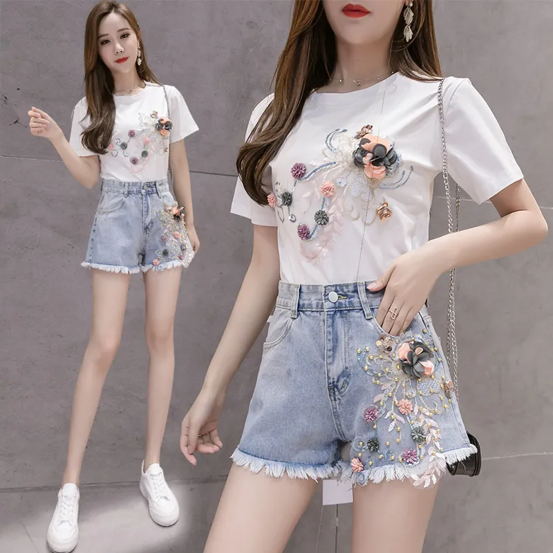 Women's Denim Shorts Set with 3D Floral T-Shirt