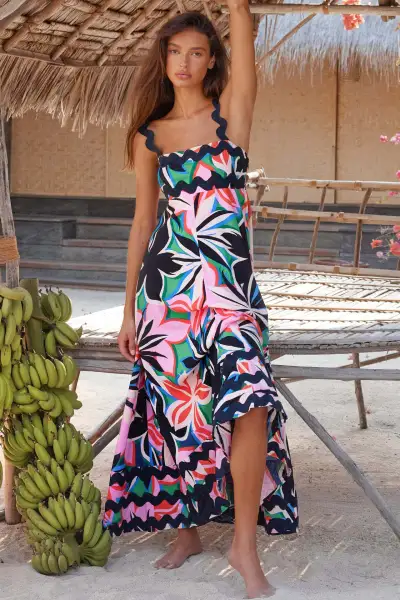 Women Bohemian Retro Printed Maxi Dress Sleeveless Square Neck High Waist Vacation Casual
