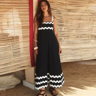 Women Bohemian Retro Printed Maxi Dress Sleeveless Square Neck High Waist Vacation Casual