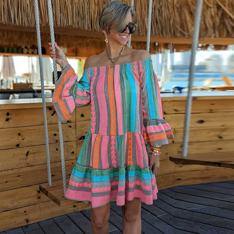 Boho Vintage Women Flare Sleeve Off-Shoulder Casual Loose Vacation Dress