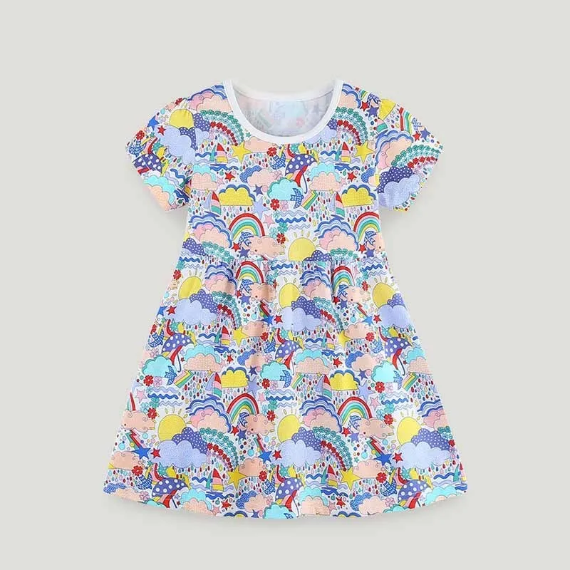 Kids Toddler Girls Summer Casual Cute Cartoon Print Short Sleeve Round Neck Princess Dress