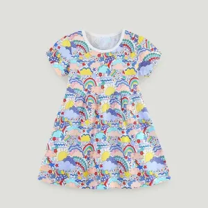 Kids Toddler Girls Summer Casual Cute Cartoon Print Short Sleeve Round Neck Princess Dress