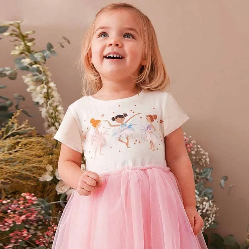 Kids Toddler Girls Casual Cute Cartoon Print Short Sleeve Round Neck Mesh Princess Dress
