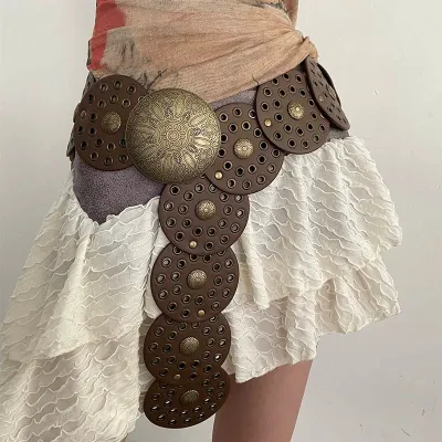 Retro Y2k Decorative Disc Waist Seal Belt PU Leather for Women Men
