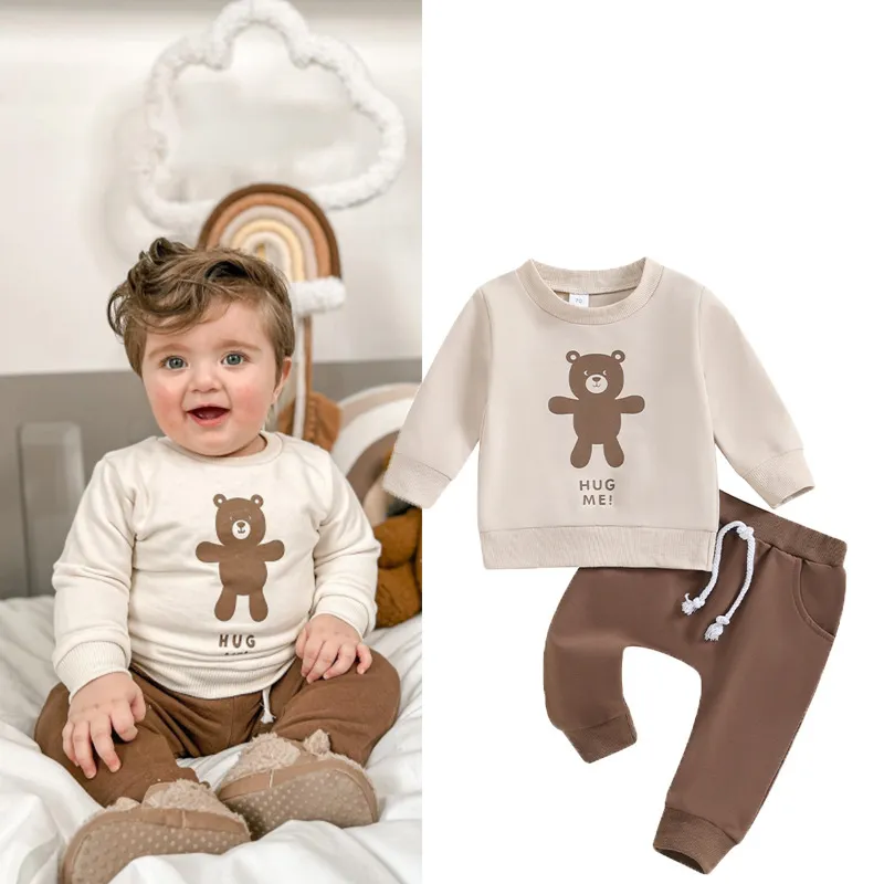 Kids Baby Boys Casual Cute Cartoon Print Long Sleeve Round Neck Cotton Sweatshirt Trousers Set
