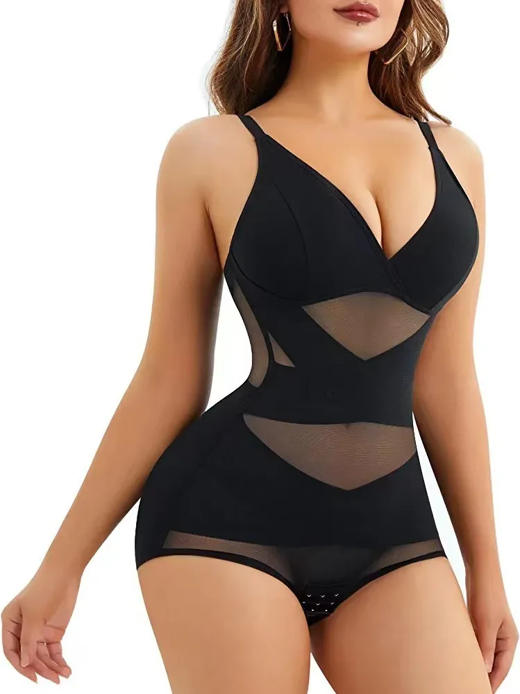 Women Fashion Sexy Deep V Mesh Tight Waist Hip Shaping Clothes