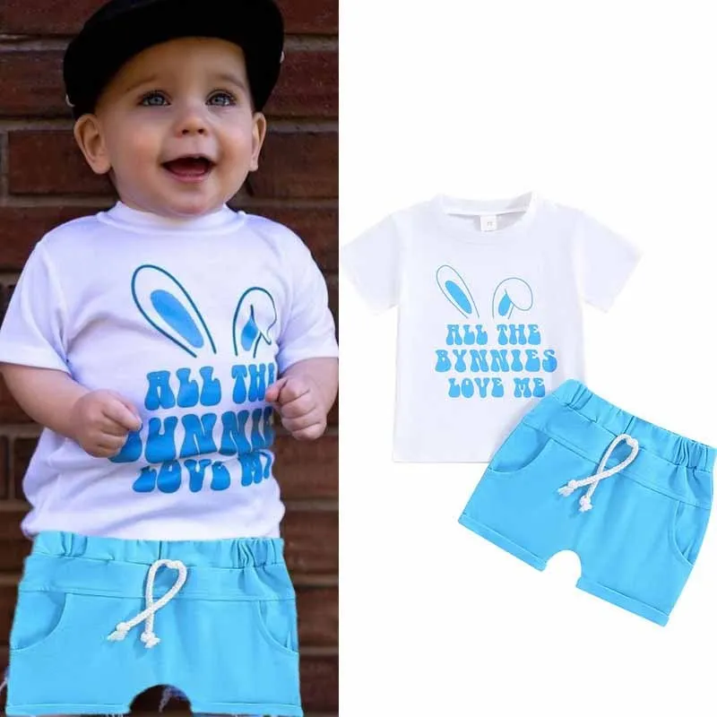 Kids Baby Boys Summer Casual Cute Easter Letter Print Short Sleeve Round Neck T-Shirt Shorts Set