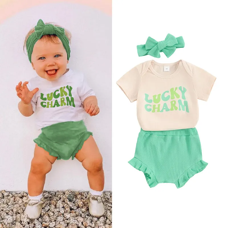 Kids Baby Boys Girls Summer Casual St.Patrick Day Letter Print Cotton Short Sleeve Round Neck Romper Shorts Set