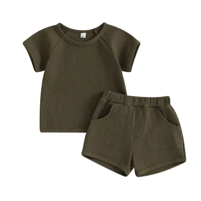 Kids Toddler Boys Summer Casual Solid Color Waffley Short Sleeve Round Neck T-Shirt Shorts Set