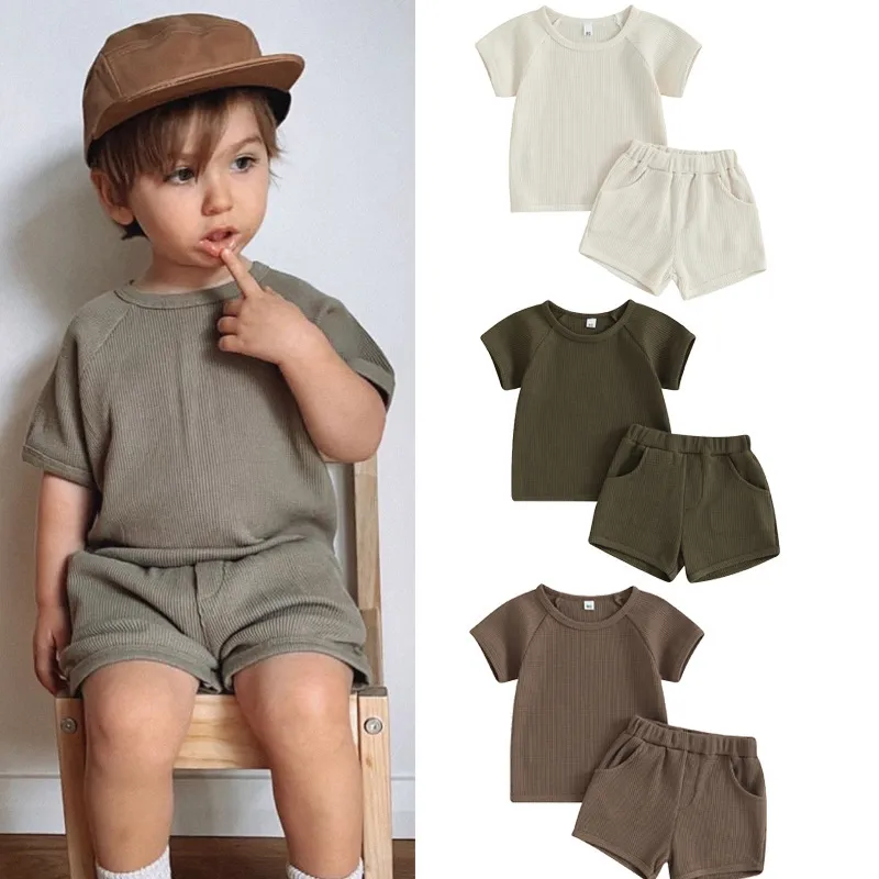 Kids Toddler Boys Summer Casual Solid Color Waffley Short Sleeve Round Neck T-Shirt Shorts Set