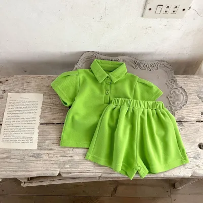 Kids Toddler Boys Girls Summer Casual Cute Solid Color Short Sleeve Lapel Polo Shirt Bermuda Shorts Set