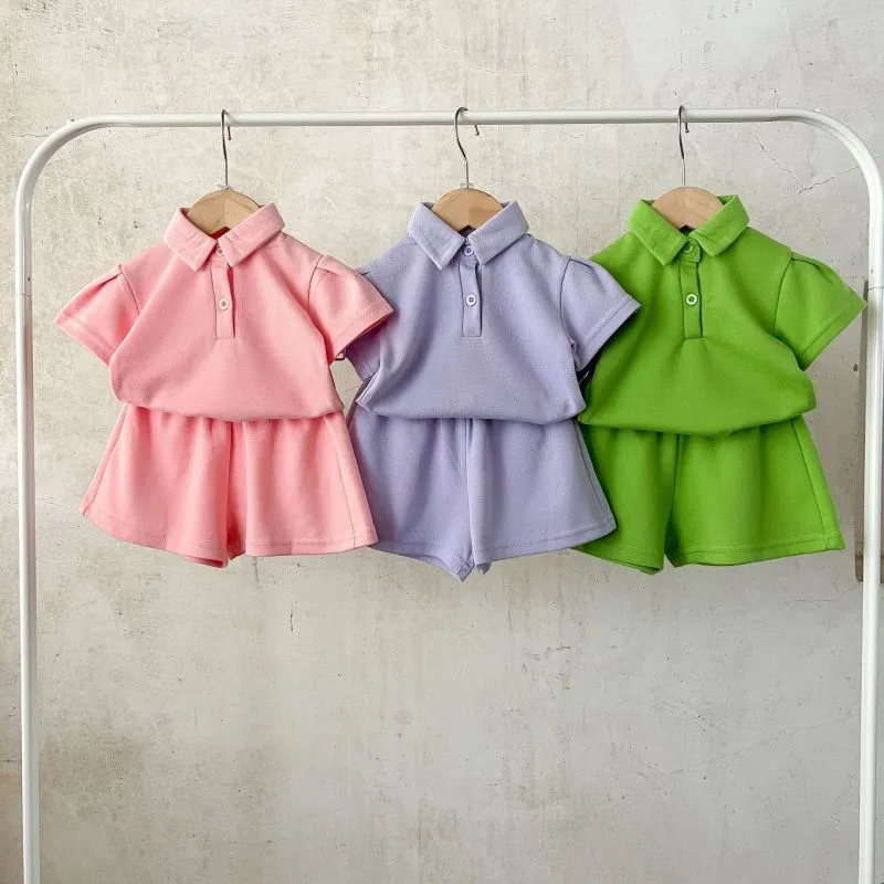 Kids Toddler Boys Girls Summer Casual Cute Solid Color Short Sleeve Lapel Polo Shirt Bermuda Shorts Set