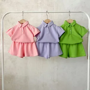 Kids Toddler Boys Girls Summer Casual Cute Solid Color Short Sleeve Lapel Polo Shirt Bermuda Shorts Set