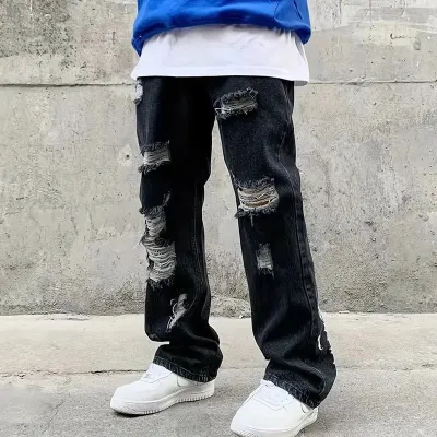 Men Fashion Hip Hop Retro Gothic Alphabet Embroidery Ripped Jeans