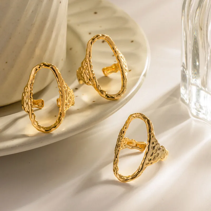 Women Fashion Simple Oval Hammer Pattern Hollow Opening Stainless Steel Ring